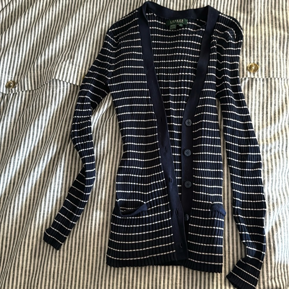 Ralph Lauren navy and white striped button front cardigan